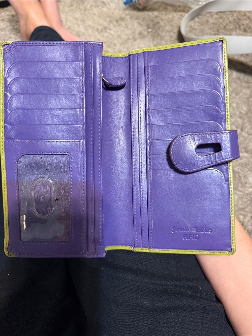 Purple Leather Women's Wallet with Lime Trim